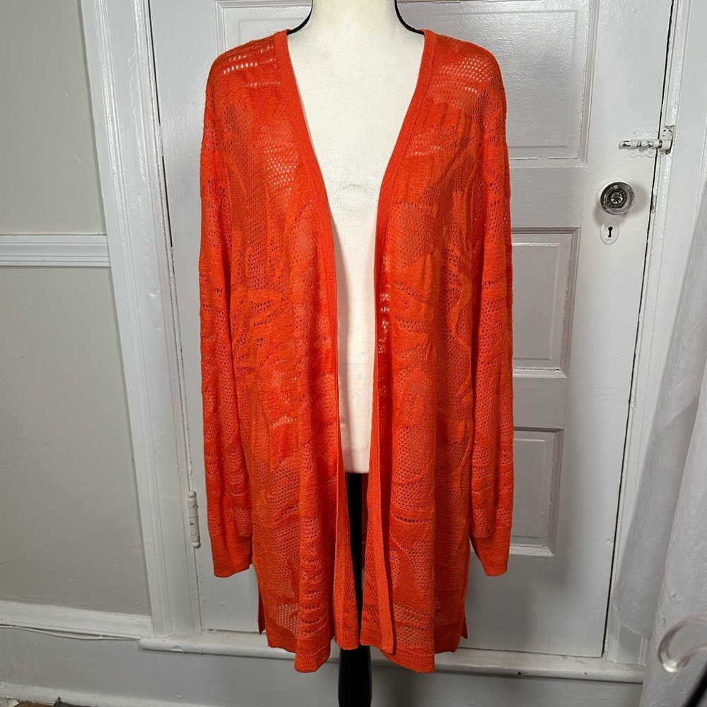 Chico's Orange Pointelle Palms Cardigan Sweater Open Knit Boho Casual XL NWOT - Picture 17 of 17